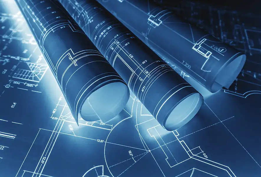 Plans techniques enroulés et dessins d’aménagement VRD sur fond bleu high-tech – formation AutoCAD Covadis