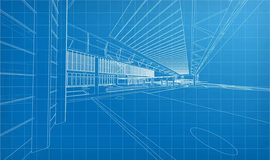Modélisation 3D en bleu d’un projet d’aménagement architectural et VRD sur fond quadrillé – formation AutoCAD Covadis