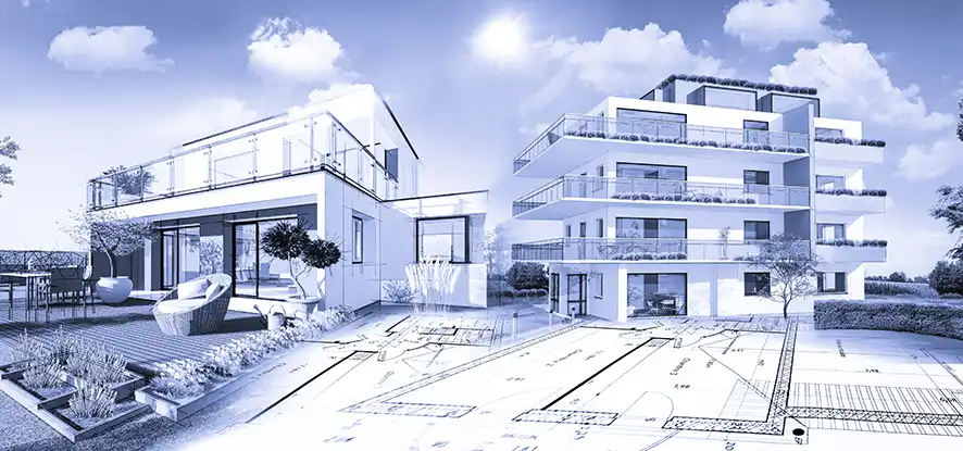Rendu 3D réaliste d’un projet immobilier moderne avec plans d’exécution au premier plan – formation DTech Dessinateur Technicien BTP