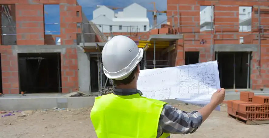 Rendu 3D réaliste d’un projet immobilier moderne avec plans d’exécution au premier plan – formation DTech Dessinateur Technicien BTP