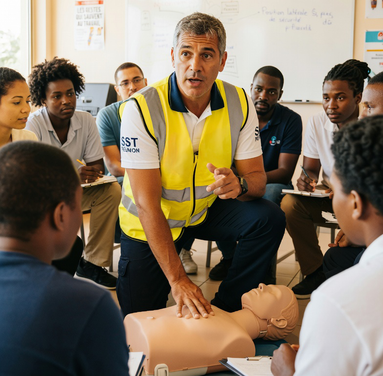 Formateur certifié SST en jaune en pleine démonstration de secourisme sur mannequin devant un groupe de stagiaires en formation Sauveteur Secouriste du Travail.