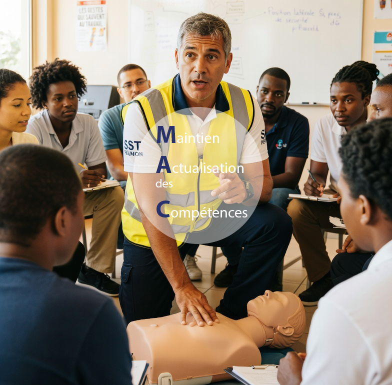 Formateur SST en train de démontrer les gestes de secours sur un mannequin devant un groupe d’apprenants – formation MAC SST (Maintien et Actualisation des Compétences)