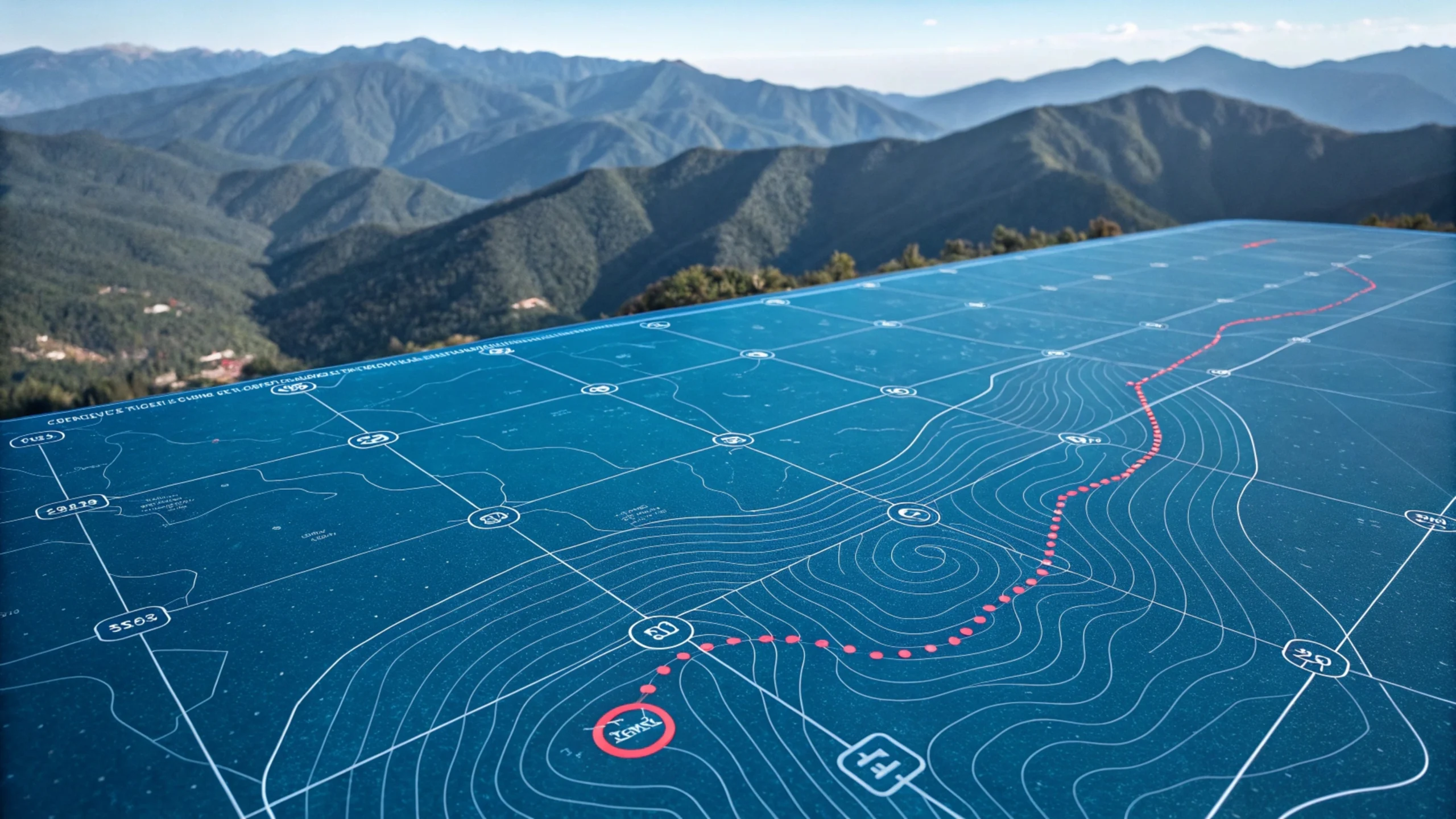 Carte topographique détaillée avec courbes de niveau et tracé rouge, posée face à un paysage montagneux – outil essentiel du technicien en géomatique