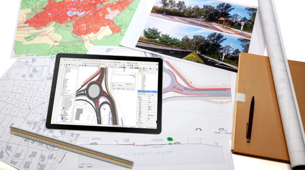 Technicien en géomatique travaillant sur un SIG : cartes thématiques, plans d'aménagement et logiciel de cartographie ouvert sur une tablette
